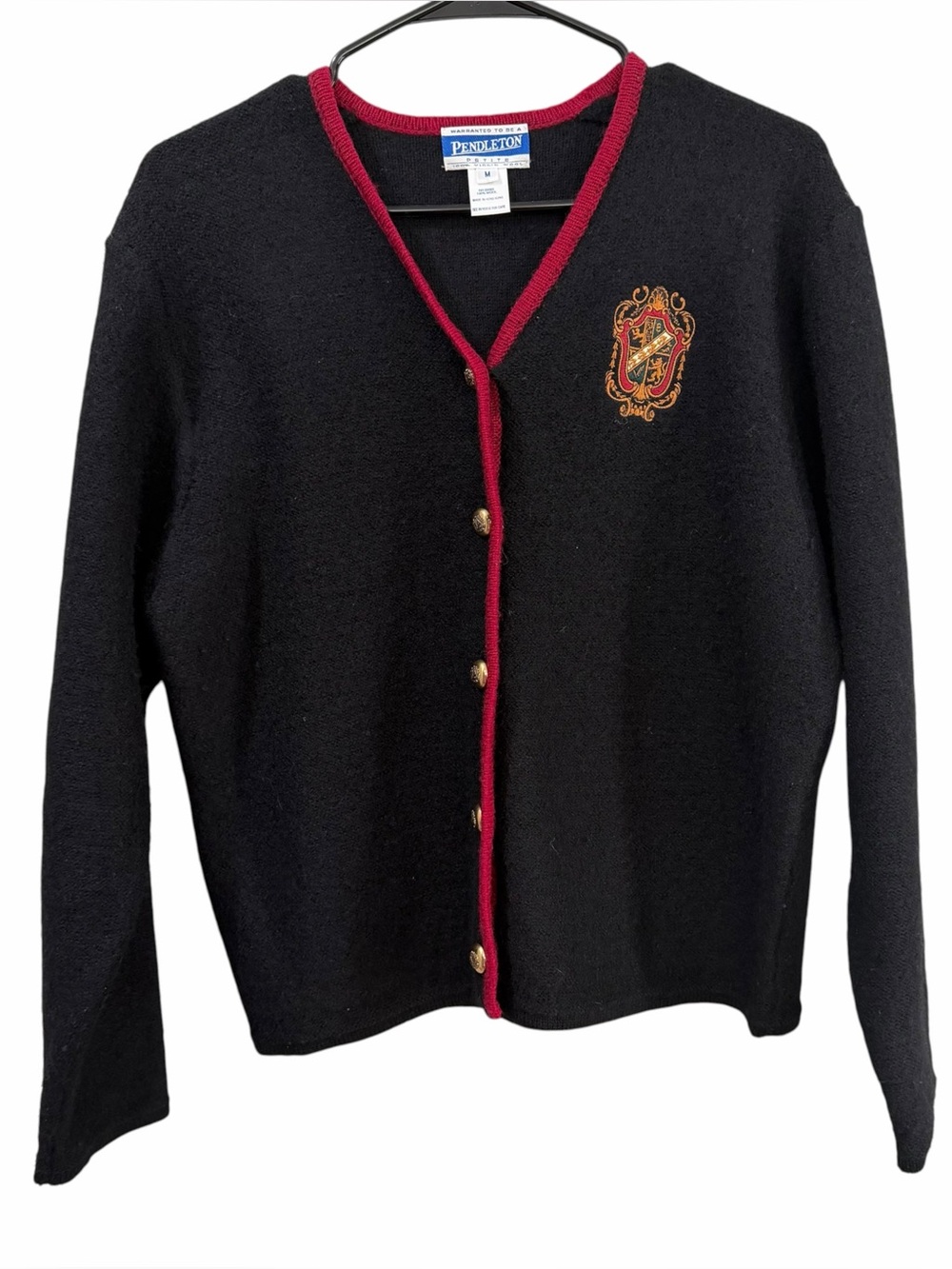 Pendleton Petite M Black Wool Cardigan Sweater Crest Red Trim Preppy Academia